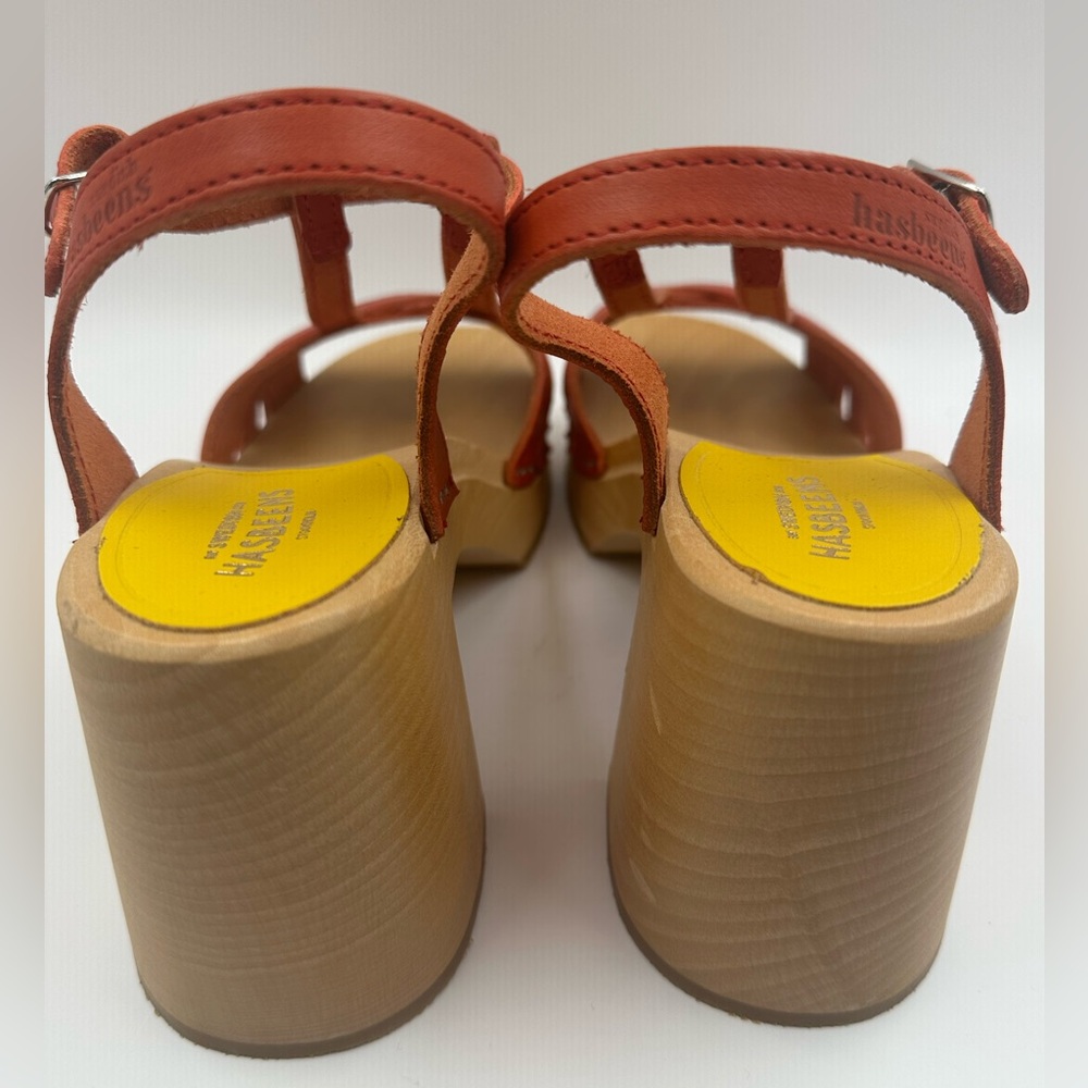 Swedish Hasbeens Red Leather Wooden Platform Sandals T-Strap Chunky Block Heel - Picture 10 of 16